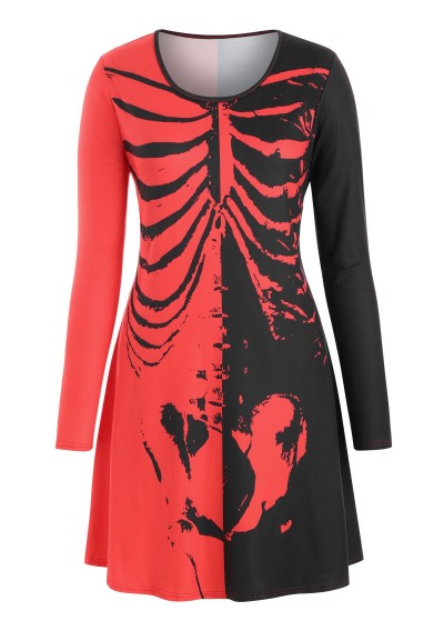Skeleton Long Sleeve Halloween Plus Size Tee Dress - Red L