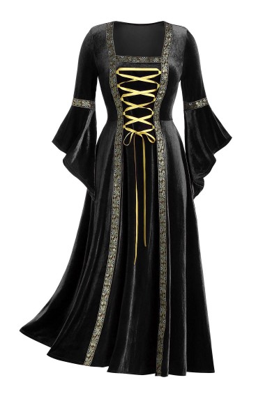 Plus Size Bell Sleeve Lacing Velvet Maxi Gothic Dress - Black L