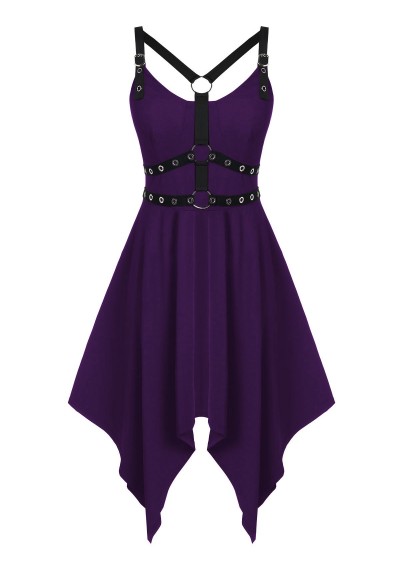 Plus Size Solid Asymmetrical Gothic Rings Dress - Purple Iris L