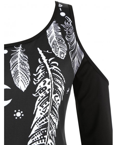 Feather Print Open Shoulder Long Sleeve Plus Size Dress - Black L