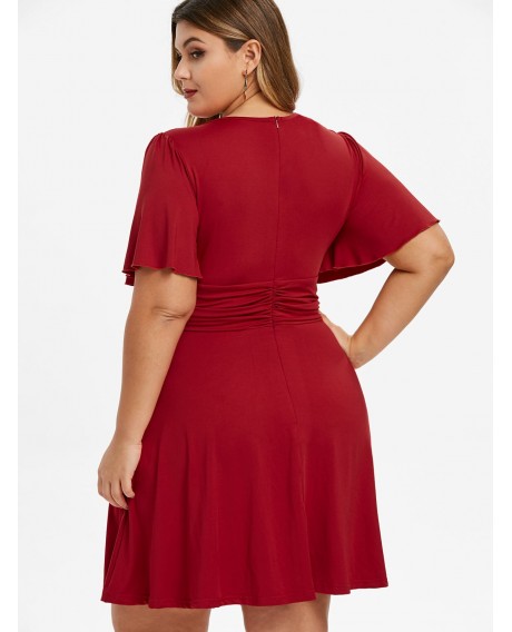 Plus Size Button Embellished Plunge Neck Ruched A-line Dress - Red L