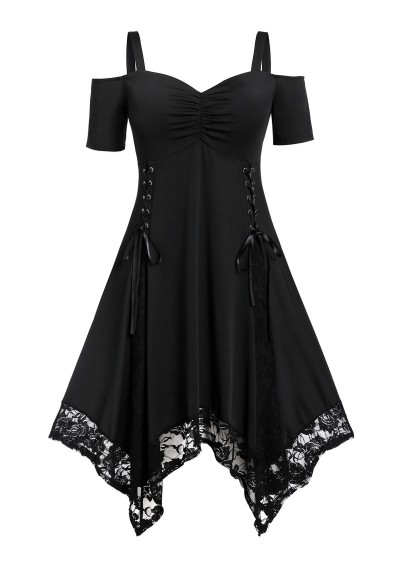 Plus Size Lace Up Lace Hem Handkerchief Dress - Black L