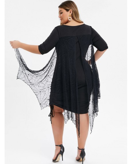Plus Size Spider Web Print Gothic Dress With Bat Wing - Black L
