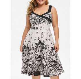 Plus Size Sweetheart Neck Floral Print Dress - White L