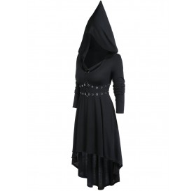 Plus Size Hooded Gothic High Low Solid Dress - Black L