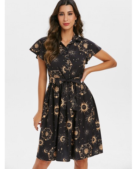 Sun Moon and Star Print Belted Skater Dress - Black S