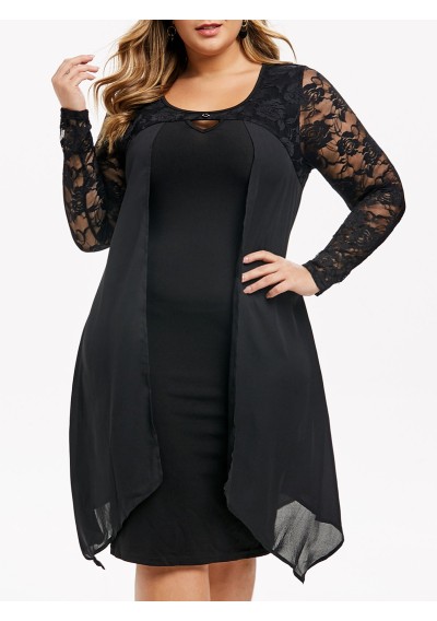 Plus Size Lace Sleeve Cut Out Overlay Dress - Black 3x