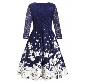 Plus Size Floral Print Lace Insert Dress - Denim Dark Blue L