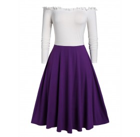 Plus Size Frilled Off Shoulder Dress and Lace Up Waistcoat Set - Purple L
