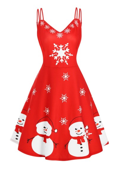 Snowman Snowflake Print Strappy Christmas Plus Size Dress - Red 4x