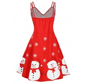 Snowman Snowflake Print Strappy Christmas Plus Size Dress - Red 4x