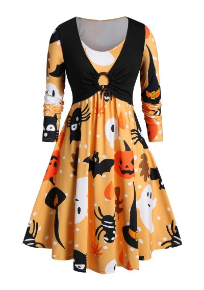 Plus Size Halloween Ghost Pumpkin Print Flare Dress - Orange L