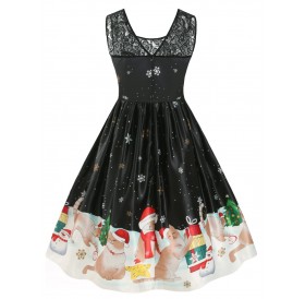 Plus Size Vintage Cat Snowflake Print Christmas Dress - Black L