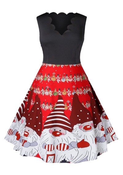 Plus Size Scalloped Santa Claus Christmas Vintage Dress - Chestnut Red L