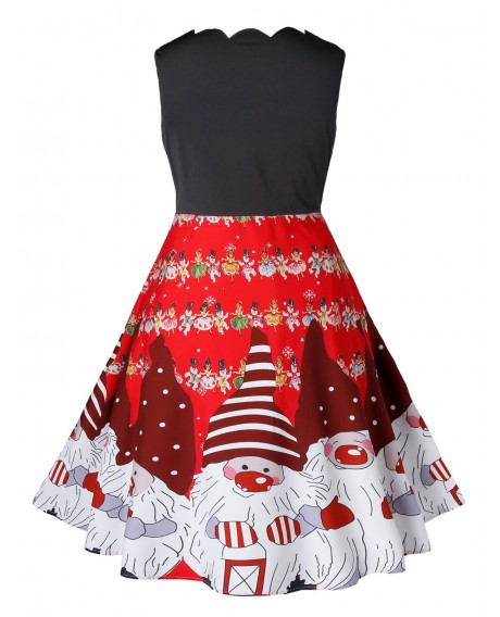 Plus Size Scalloped Santa Claus Christmas Vintage Dress - Chestnut Red L