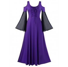 Plus Size Open Shoulder Two Tone Vintage Maxi Dress - Purple Amethyst L