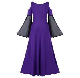 Plus Size Open Shoulder Two Tone Vintage Maxi Dress - Purple Amethyst L