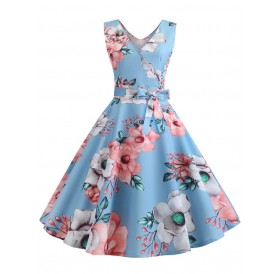 Plus Size Retro Sleeveless Floral Print Pin Up Dress - Day Sky Blue L