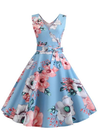 Plus Size Retro Sleeveless Floral Print Pin Up Dress - Day Sky Blue L