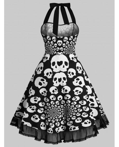 Plus Size Halloween Skull Print Halter Tied Vintage Dress - Black L
