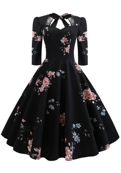 Plus Size Floral Print Back Tie Pin Up Dress - Black 1x