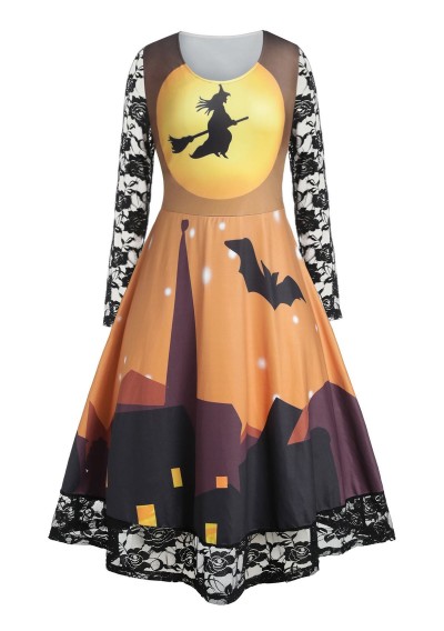 Plus Size Halloween Castle Print Lace Panel Long Sleeve Retro Dress - Sun Yellow L