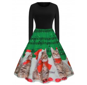 Plus Size Christmas Musical Notes Cat Print Vintage Dress - Medium Spring Green 3x