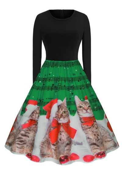 Plus Size Christmas Musical Notes Cat Print Vintage Dress - Medium Spring Green 3x