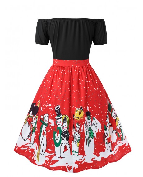 Plus Size Off The Shoulder Snowman Print Christmas Dress - Red L