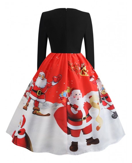 Plus Size Vintage Santa Claus Print Christmas Party Dress - Red L