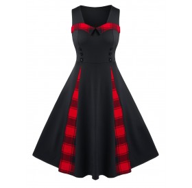 Plus Size Checked Panel Fit And Flare Button Dress - Black 4x