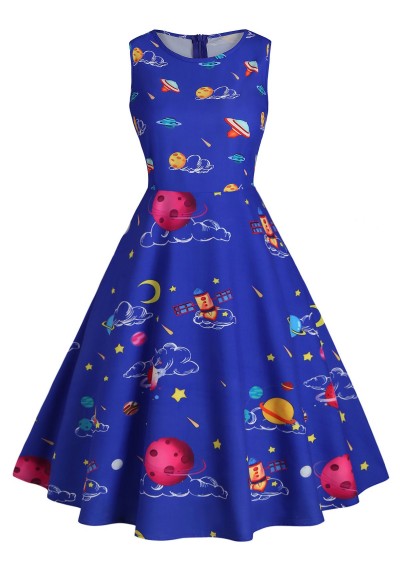 Plus Size Vintage Planet Space Tapestry Flare Dress - Blue L