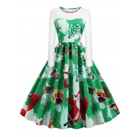 Plus Size Christmas Santa Claus Tree Print Vintage Dress - Green Apple L