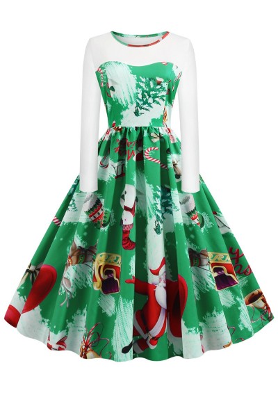 Plus Size Christmas Santa Claus Tree Print Vintage Dress - Green Apple L