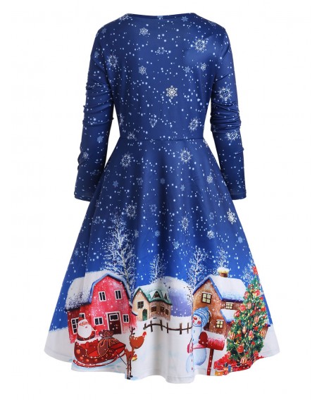 Christmas Snowflake Print Plus Size A Line Dress - Blue 2x