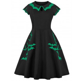 Bats Embroidered Keyhole Tiered Collar Halloween Plus Size Dress - Black L