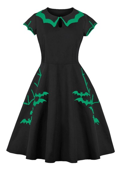 Bats Embroidered Keyhole Tiered Collar Halloween Plus Size Dress - Black L