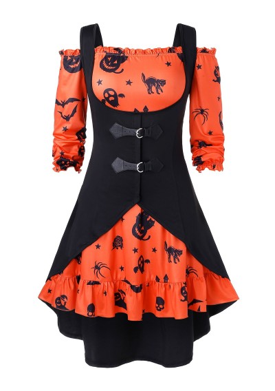 Plus Size Off The Shoulder Pumpkin Print Halloween Vintage Dress with Vest - Orange 1x
