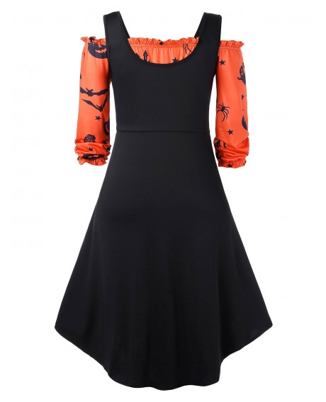Plus Size Off The Shoulder Pumpkin Print Halloween Vintage Dress with Vest - Orange 1x