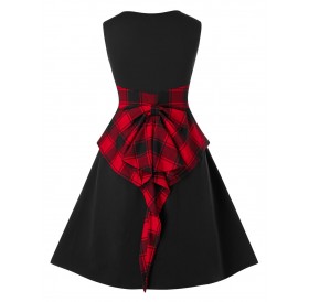 Plus Size Plaid Panel Bowknot Fit And Flare Vintage Dress - Red L