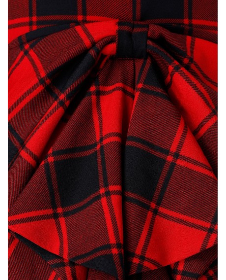 Plus Size Plaid Panel Bowknot Fit And Flare Vintage Dress - Red L