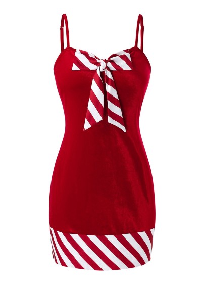 Plus Size Bowknot Striped Velvet Christmas Dress - Chestnut Red L