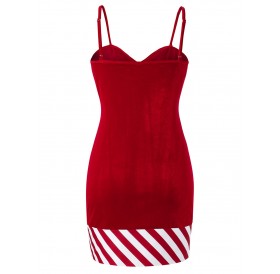 Plus Size Bowknot Striped Velvet Christmas Dress - Chestnut Red L