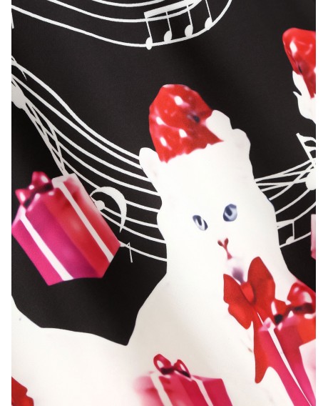 Musical Note Cat Gift Print Plus Size Vintage Dress - Black L