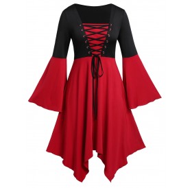 Plus Size Contrast Asymmetric Flare Sleeve Vintage Dress -  L