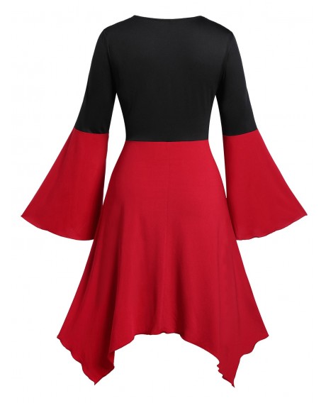 Plus Size Contrast Asymmetric Flare Sleeve Vintage Dress -  L