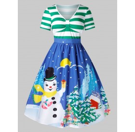 Plus Size Vintage Christmas Printed Swing Dress - Blue Ivy L