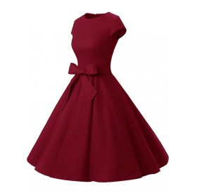 Plus Size Retro Belted Swing Dress - Red Wine 1x
