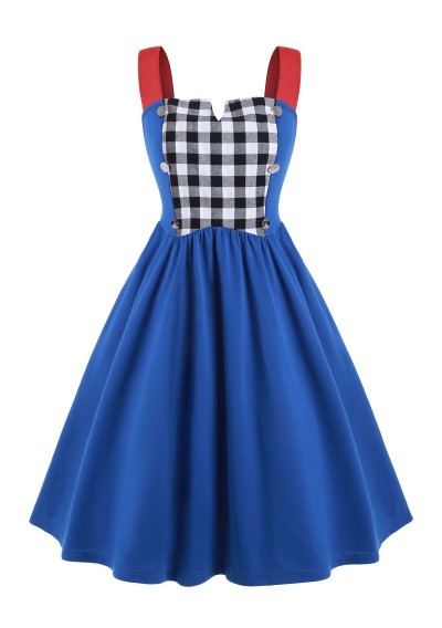 Plaid Panel V-notch Plus Size Vintage Dress - Blue L