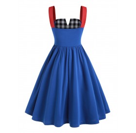 Plaid Panel V-notch Plus Size Vintage Dress - Blue L
